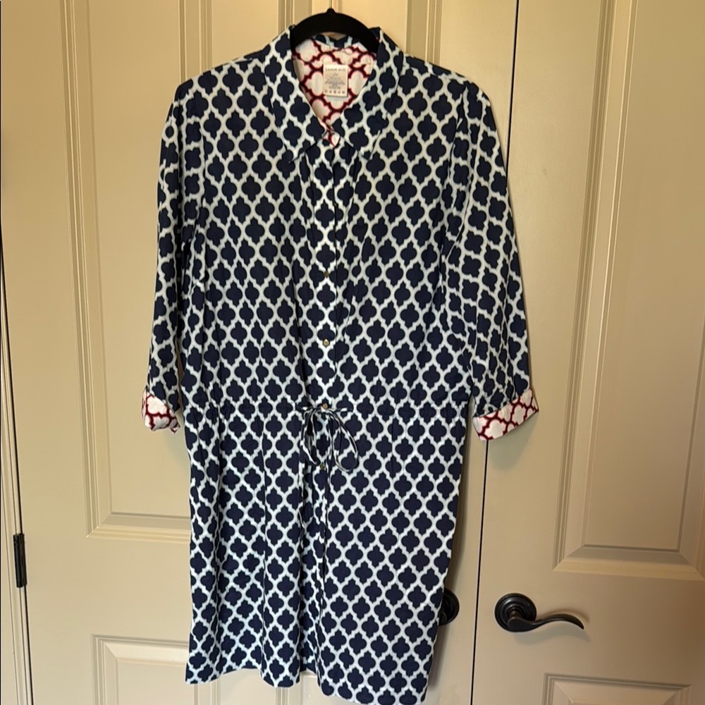 Lands End Navy Geometric Shirt Dress